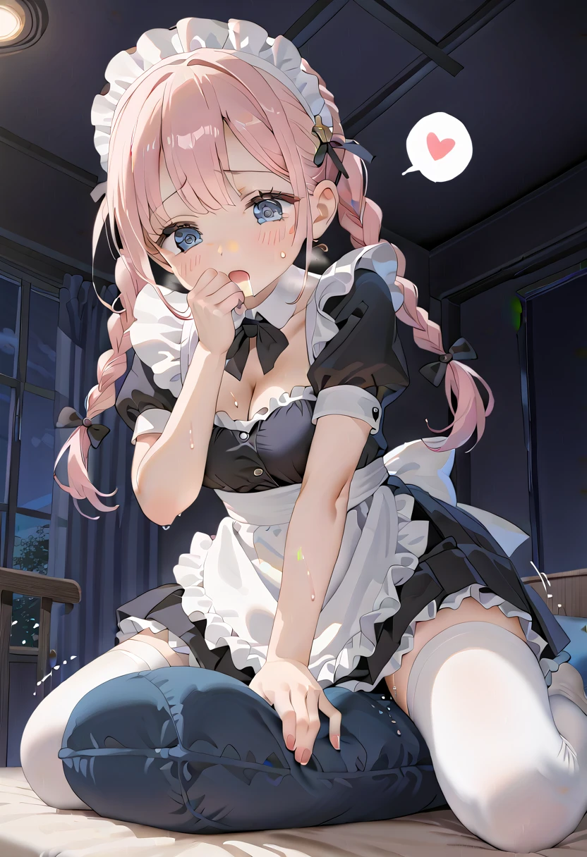 (masterpiece,beautiful,hughres,CG,8k,16k,best quality,high-resolution,detailed eyes:1.5),anime,source anime,illustration,from below,1girl,Alone,( luxury room,night, Dark Room,bedroom:1.5),(on the bed:1.2),(pink hair:1,5),blue eyes,(ahoge:0.2),(braided hair,twintails,bangs:1.4),(maid,frill dress,pleated skirt,frill skirt,white thighhighs:1.3),cleavage,large breasts,sitting,leaning forward,crotch rub,(pillow humping:1.3),hand over own mouth, covering own mouth,(female orgasm,pussy juice:1.1),(trembling:1.4),(gasping,heavy breathing,blush:1.5),(impatience1.1),flustered,(fidgeting around:1.4),(steam:1.2),(sweat skin,sweat:1.4),(streaming tears:1.3),(drooling:1.1),(looking away:0.5),(looking down:1.4),(spoken heart:1.3),(narrow one's eyes:1.6),(open mouth:1.2)