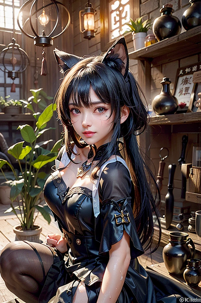 ((Masterpiece)), (Anime:1.5), ((best quality)), (RAW photo:1.2), (High Definition:1.3), (Professional Photography:1.2), (glowing light), 1girl, ((12 years old)), from above, wide shot, cinematic lighting, Textured skin, (unruly hair), medium hair, Cat ears, Pale brown hair, slightly Exposed nipples, Tattered, torn camisole, (white camisole), perfect body, big breasts, sitting on the ground, Sweaty skin, (reaching out hand), blush, Tired face, Cat ears, Cute Beautiful Girl, BREAK, ((best quality)), sitting on the ground, Ruins covered with vegetation, see the slums in the distance