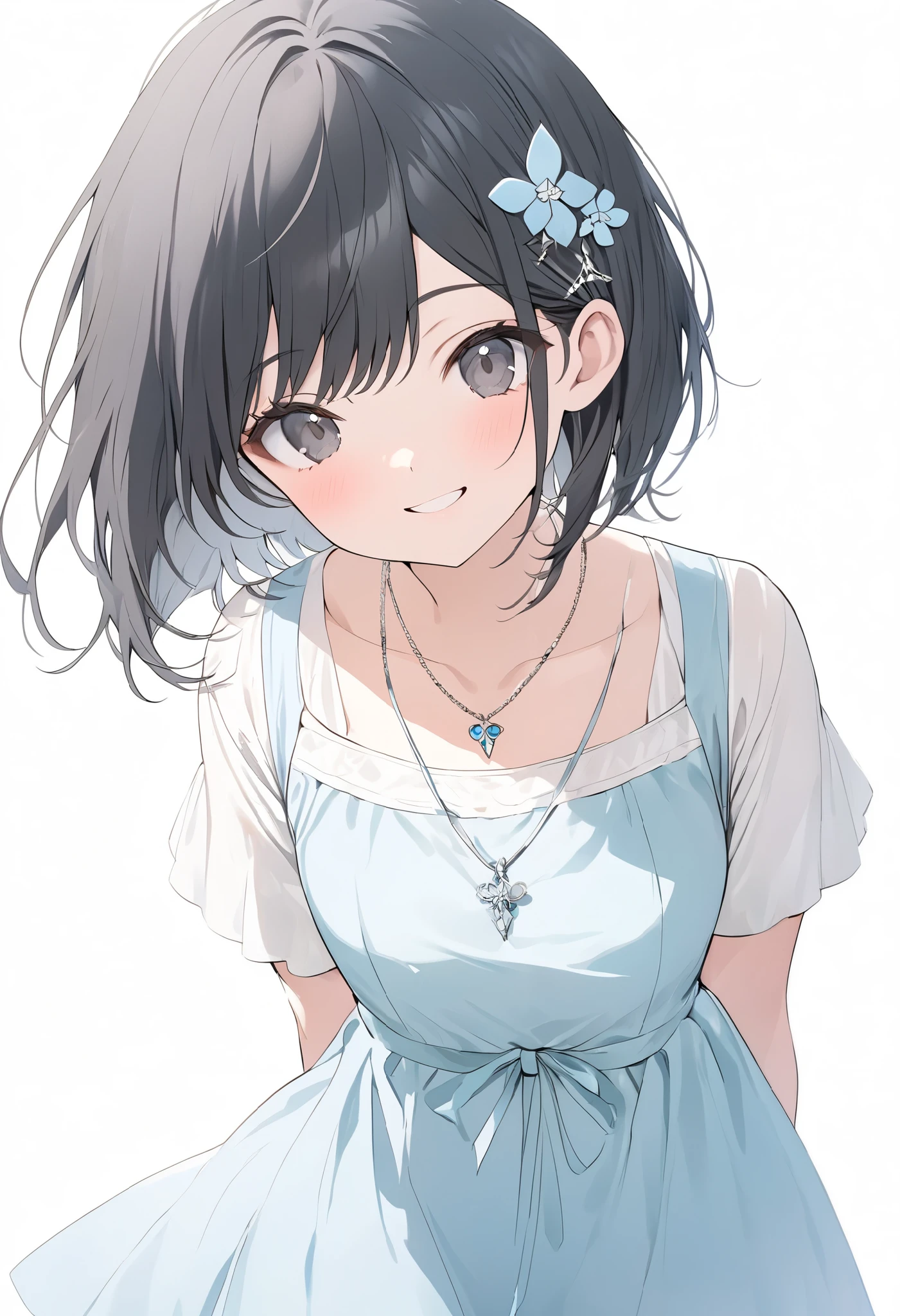 {{masterpiece、 Attention to Details , perfect eyes}}、((White background,from front,  cowboy shot ))、18 years old、 One Girl 、 black hair、pixie cut、 black eyes、( white short sleeve blouse、 light blue dress、 simple hair ornament 、pendant) with a cheerful smile、arms behind back