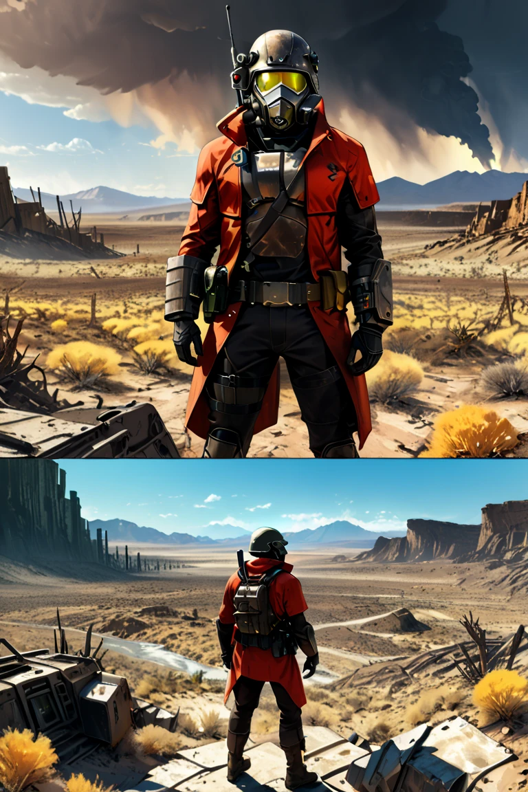 comic style 1.0, Game "Fallout New Vegas",weapon,  gun, armor, rifle,, 1boy, black_hair, helmet, A wild 1boy athletic wearing a post apocalyptic suit, red colored suit and black stripes on his arms. Post apocalyptic scenario, desolate atmosphere, dystopian landscape, weapon,  badland landsacpe wilderness, (Masterpiece, Best Quality, professional, perfect composition, very aesthetic, absurdities, ultra detailed, intricate details:1.3), nuclear explosion in background , of a post apocalyptic future, a soldier action pose,  fallout style. comic style 1.0
