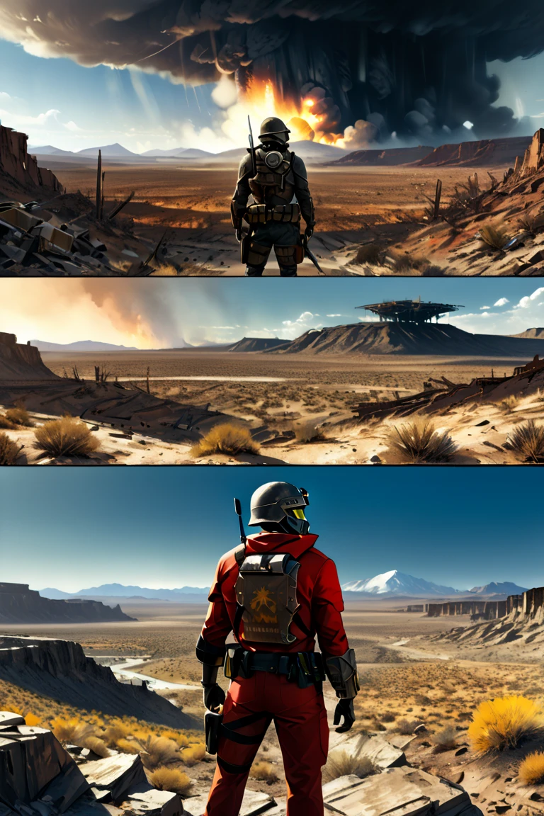 comic style 1.0, Game "Fallout New Vegas",weapon,  gun, armor, rifle,, 1boy, black_hair, helmet, A wild 1boy athletic wearing a post apocalyptic suit, red colored suit and black stripes on his arms. Post apocalyptic scenario, desolate atmosphere, dystopian landscape, weapon,  badland landsacpe wilderness, (Masterpiece, Best Quality, professional, perfect composition, very aesthetic, absurdities, ultra detailed, intricate details:1.3), nuclear explosion in background , of a post apocalyptic future, a soldier action pose,  fallout style. comic style 1.0
