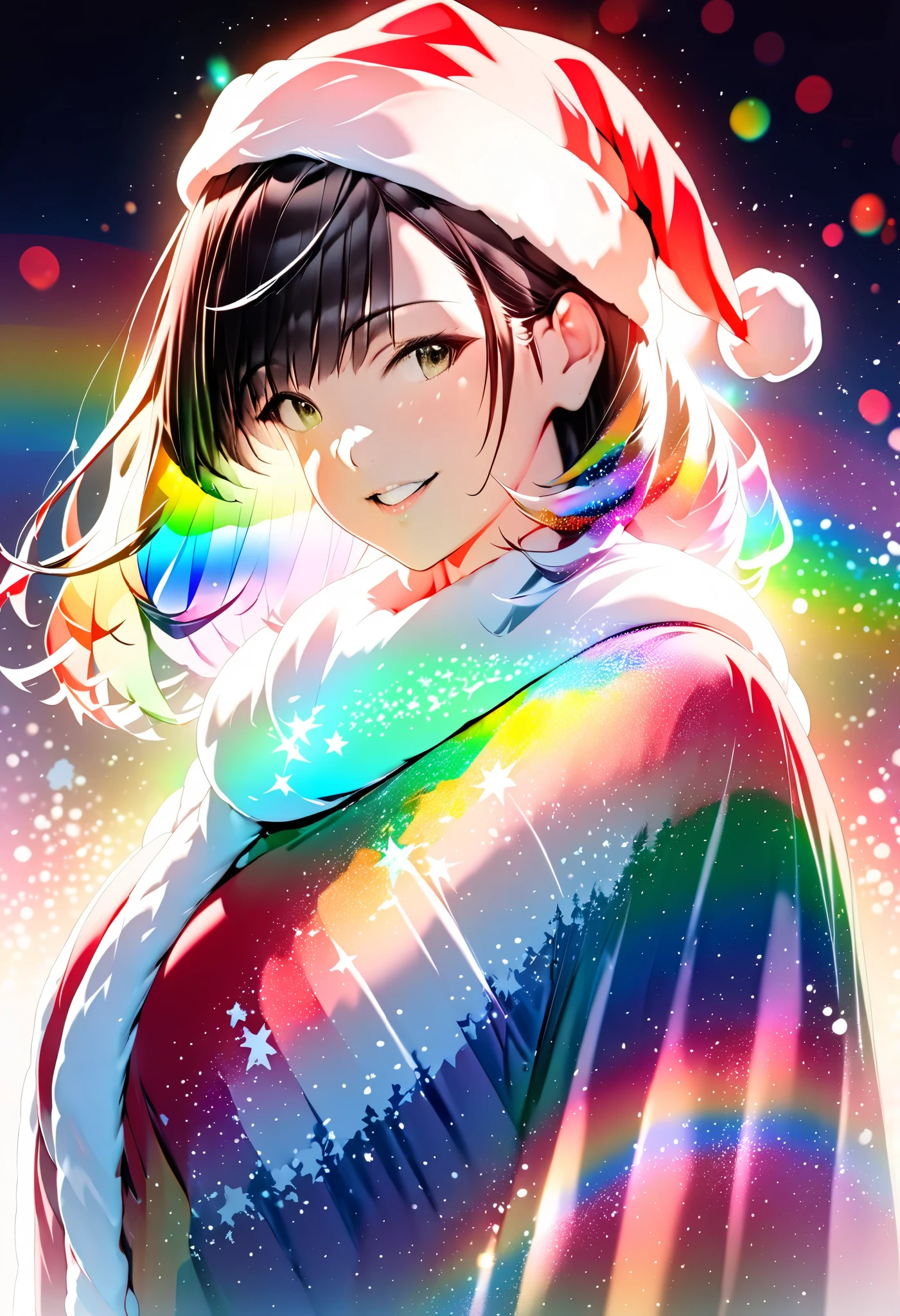 brunette adult female "Aaron" , beautiful Santa , background: rainbow-like lighting (( double exposure :1.5 , Flash Effect ,LED magic effect :2.0 ,backgroundぼかし))