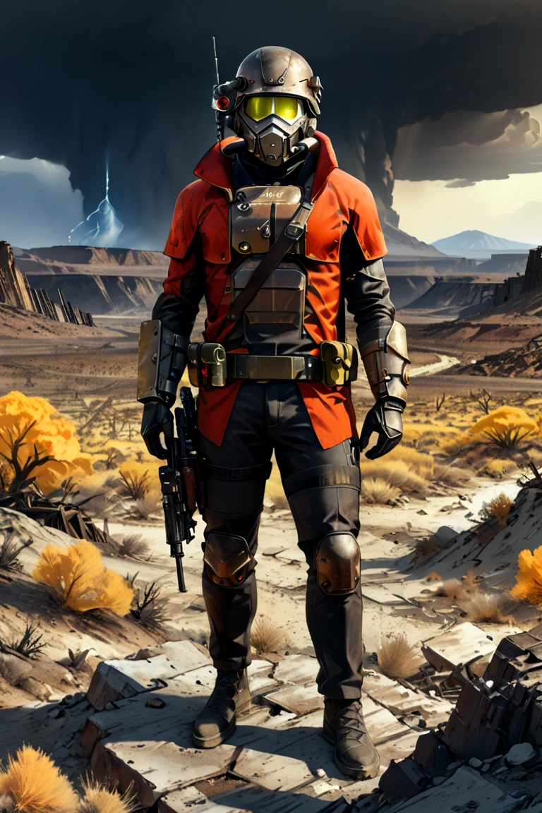 comic style 1.0, Game "Fallout New Vegas",weapon,  gun, armor, rifle,, 1boy, black_hair, helmet, A wild 1boy athletic wearing a post apocalyptic suit, red colored suit and black stripes on his arms. Post apocalyptic scenario, desolate atmosphere, dystopian landscape, weapon,  badland landsacpe wilderness, (Masterpiece, Best Quality, professional, perfect composition, very aesthetic, absurdities, ultra detailed, intricate details:1.3), nuclear explosion in background , of a post apocalyptic future, a soldier action pose,  fallout style. 