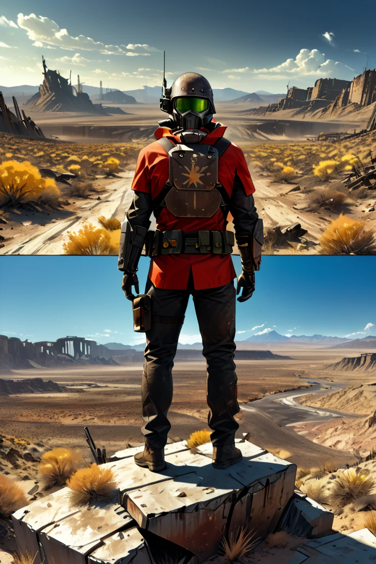 comic style 1.0, Game "Fallout New Vegas",weapon,  gun, armor, rifle,, 1boy, black_hair, helmet, A wild 1boy athletic wearing a post apocalyptic suit, red colored suit and black stripes on his arms. Post apocalyptic scenario, desolate atmosphere, dystopian landscape, weapon,  badland landsacpe wilderness, (Masterpiece, Best Quality, professional, perfect composition, very aesthetic, absurdities, ultra detailed, intricate details:1.3), nuclear explosion in background , of a post apocalyptic future, a soldier action pose,  fallout style. 