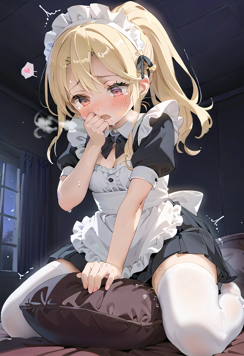 (masterpiece,beautiful,hughres,CG,8k,16k,best quality,high-resolution,detailed eyes:1.5),anime,source anime,illustration,from below,1girl,Alone,( luxury room,night, Dark Room,bedroom:1.5),(on the bed:1.2),(blonde hair:1.5),pink eyes,(ponytail:1.4),(maid,frill dress,pleated skirt,frill skirt,white thighhighs:1.3),cleavage,small breasts,sitting,leaning forward,crotch rub,(pillow humping:1.3),hand over own mouth, covering own mouth,(female orgasm,pussy juice:1.1),(trembling:1.4),(gasping,heavy breathing,blush:1.5),(impatience1.1),flustered,(fidgeting around:1.4),(steam:1.2),(sweat skin,sweat:1.4),(streaming tears:1.3),(drooling:1.1),(looking away:0.5),(looking down:1.4),(spoken heart:1.3),(narrow one's eyes:1.6),(open mouth:1.2)