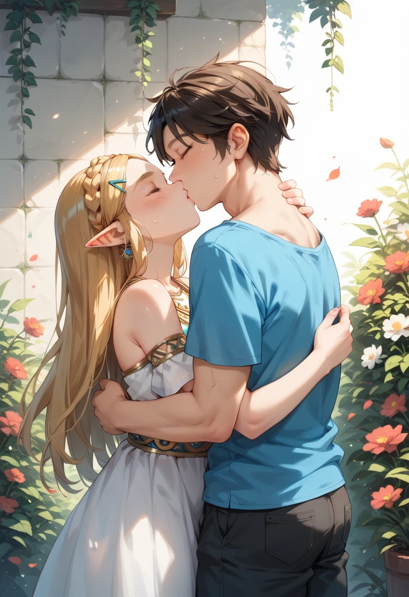 1girl, 1boy, Princess_Zelda, \(The_Legend_of_Zelda:_Breath_of_the_Wild\), standing, kiss, hug, closed_eyes