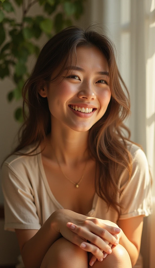 Create a woman influencer. Viry realstic. 20 year age. Fair face. Cute face. pink top wearing. Slim nose. light brown eyes. Beautiful lips. Beautiful face. Beautiful eyes. Indian women. And hi is the lovely women. Realistic background. she is sitting on the sofa.