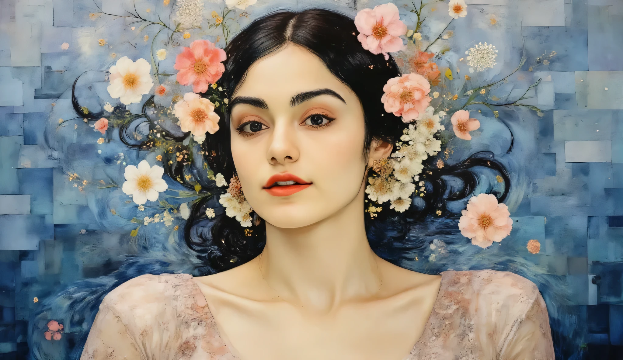 Palette knife painting of a woman floating on calm water, her face surrounded by delicate floating flowers. The textured strokes emphasize ripples and reflections, blending blues and whites with pops of floral color for an ethereal, tranquil scene