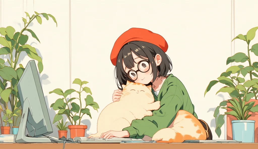 (masterpiece, high quality, high resolution, 4K, 8K, detail), cute Japanese girl (one solo, lo-fi girl, high school student, black hair, short hair, red beret, green shirt dress, black rimmed glasses, anatomically correct body, fingers, hands), holding cute kitty, smiling at us , background of desk and computer, houseplants, simple white wall, minimalist illustration on background