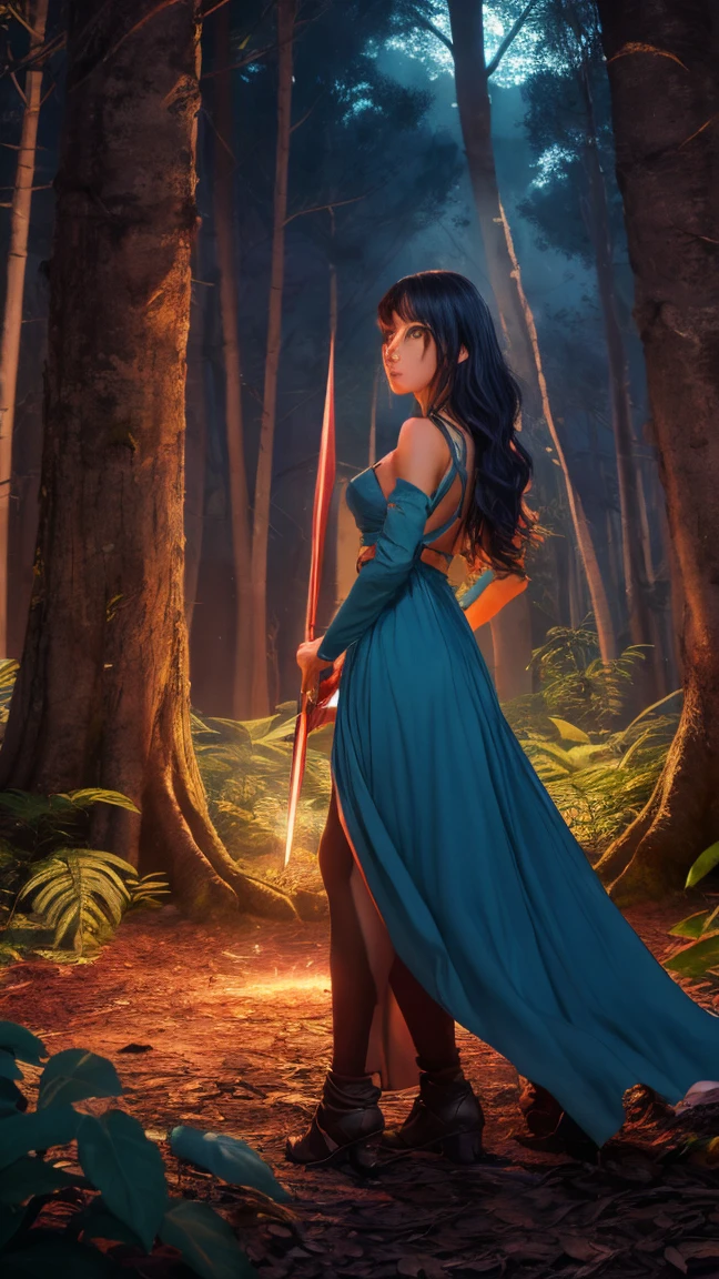 "A cinematic, super realistic and highly detiled and wide scene of a beautiful woman with grey hair with bangs, wearing a feminine dress costume game caracter, holding a sword, standing epically 
facing forward in a tropical forest. The background features a magical forest illuminated by glowing bioluminescent plants and towering trees with twisted roots. Ethereal light beams filter through the dense canopy, while vibrant, colorful leaves and mystical foliage surround her. The sky glows with hues of teal and orange, blending fantasy and surrealism. The character is highlighted by the soft glow of the forest lights, creating a dramatic and enchanting atmosphere."