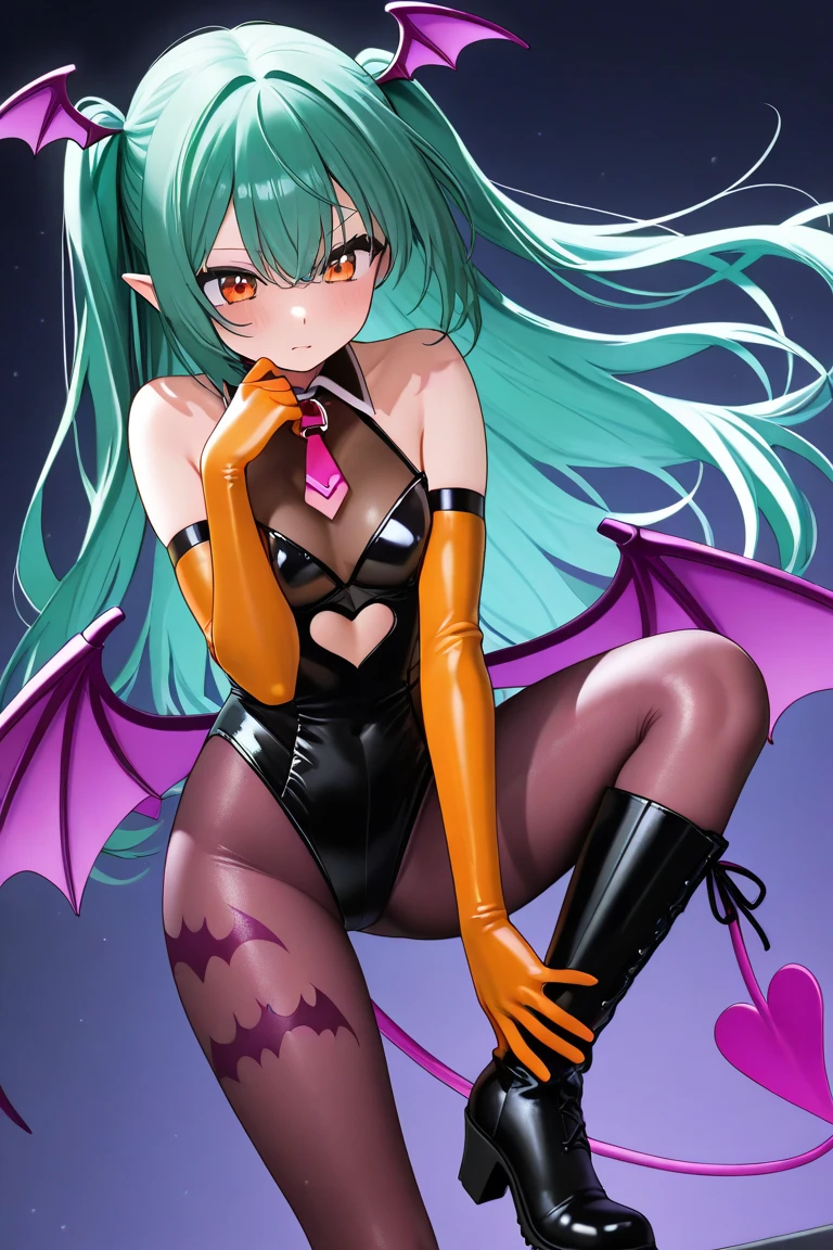 (anime, masterpiece, intricate:1.1), summer aestetic background, comics_darkstalkers_morrigan_aensland, Slender hips, slim stomach, thin waist, sexy posing, medium teardrop-shaped breasts, slim body, violet hair, violet eyes, skimpy black dress, black garter stockings, short mini skirt, lingerie, breasts decollete, neck decoration, heart shaped earrings, no panties, no bra, girly decorations, solo, flowers, modest smile, bright red lipstick, painted nails (red)