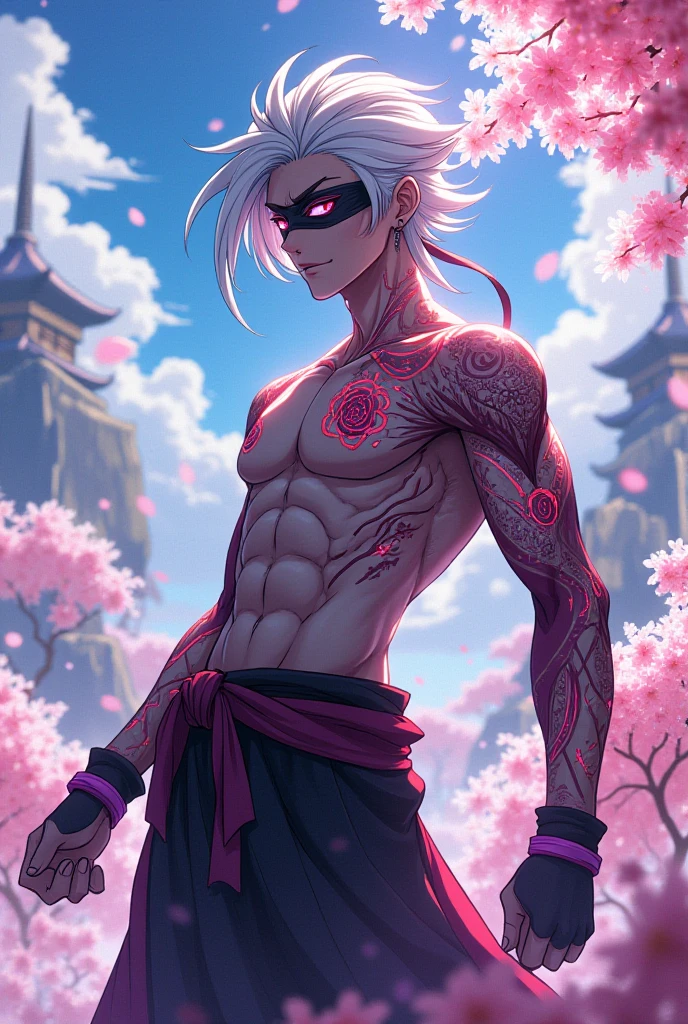 shirtless samurai man wearing short kimono standing on a snowy mountaintop staring directly at the camera, (neon soft rainbow gradient hair:1.45), (fade haircut:1.25), samurai pants, samurai tattoos, yokai tattoos, age 24, lean muscles, upper body only, waist up only, revealing upper body, erotic, bare muscles, tight body, tight muscles, narrow body, narrow waist, narrow hips, narrow shoulders, short stature, super colorful, magic particles, sky full of stars, fantasy katana made of rainbow glass