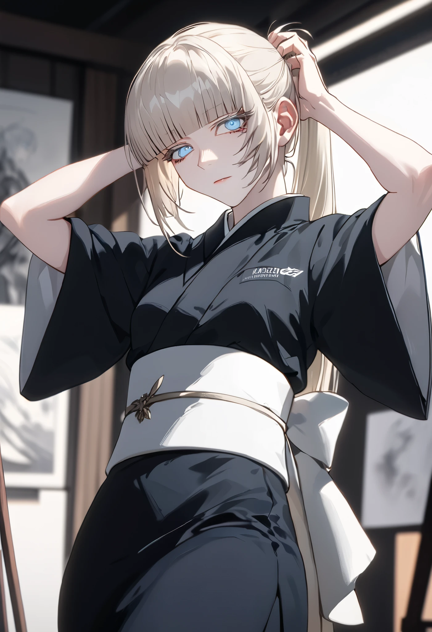 Anime style, 1 girl, 1 sexy girl, white pale skinned girl, porcelain skin, blue eyes, (HAIR: light blonde straight cut, long length, full bangs covering eyebrows, side framing fringe, extra long hair ) (BODY: flat chested, skinny, short )(best quality, 4k, 8k, highres, masterpiece:1.2), ultra-detailed, HDR, UHD, studio lighting, detailed eyes, ultra-fine painting, sharp focus, physically-based rendering, extreme detail description, professional, vivid colors, arms_up, hands_holding_hair, tying_hair, standing_on_knees, wearing_kimono, score_9, score_8_up, score_9_up, source_anime