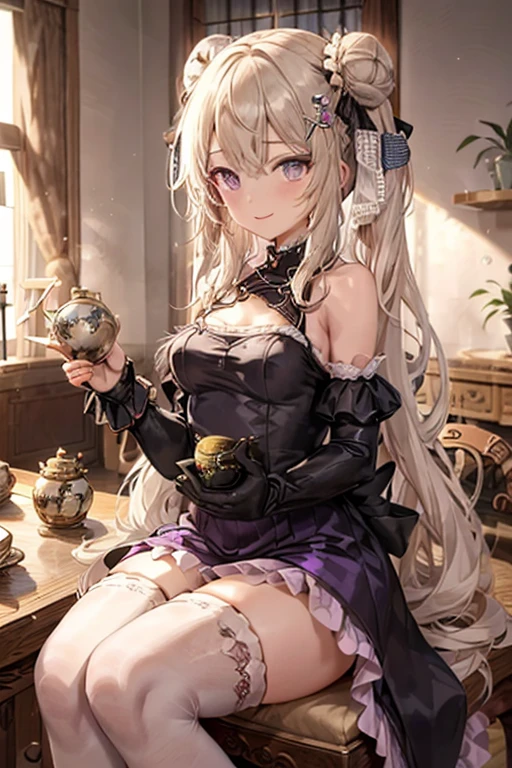 (masterpiece), (best quality), detailed, a otaku girl, soro, twintails, long wavy hair twintails.hairs between eyes,dark blue eyes ,smile, masterpiece, best quality, newest,(perky chest:1.2), (pointed chest:1.2),(from below:1.2,Best Quality),a girl , platinum color hair、Keqing (Genshin Impact), 1 girl, solo, eyes, purple eyes,hair, purple hair, bun, double bun, twintails, bun, long hair, bangs, hair ornament, flower hair ornament, purple flower, white flower, violet flower, dress, Chinese dress, Chinese clothes, dark purple dress, floral print, breasts, small breast, gloves, black gloves, elbow gloves, sleeveless, bare shoulders, feather boa, white feather boa, thighhighs, black thighhighs scenery, plant, architecture, lantern, east_asian_architecture, table, potted plant, teapot, flower pot, paper_lantern, vase, tree, cup, holding, holding fan, fan, moongate, sky, sitting, sitting on,chair, day, teacup(masterpiece:1.2), (best quality:1.2), (very aesthetic:1.2), (absurdres:1.2), (detailed background:1.1), newest, ai-generated, safe, (with sparkling eyes and a contagious smile),her thin pubic hair:1.2, looking at viewer