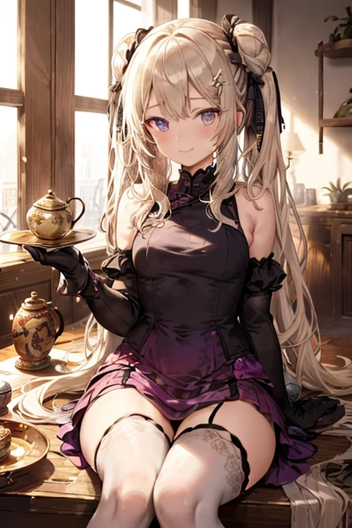 (masterpiece), (best quality), detailed, a otaku girl, soro, twintails, long wavy hair twintails.hairs between eyes,dark blue eyes ,smile, masterpiece, best quality, newest,(perky chest:1.2), (pointed chest:1.2),(from below:1.2,Best Quality),a girl , platinum color hair、Keqing (Genshin Impact), 1 girl, solo, eyes, purple eyes,hair, purple hair, bun, double bun, twintails, bun, long hair, bangs, hair ornament, flower hair ornament, purple flower, white flower, violet flower, dress, Chinese dress, Chinese clothes, dark purple dress, floral print, breasts, small breast, gloves, black gloves, elbow gloves, sleeveless, bare shoulders, feather boa, white feather boa, thighhighs, black thighhighs scenery, plant, architecture, lantern, east_asian_architecture, table, potted plant, teapot, flower pot, paper_lantern, vase, tree, cup, holding, holding fan, fan, moongate, sky, sitting, sitting on,chair, day, teacup(masterpiece:1.2), (best quality:1.2), (very aesthetic:1.2), (absurdres:1.2), (detailed background:1.1), newest, ai-generated, safe, (with sparkling eyes and a contagious smile),her thin pubic hair:1.2, looking at viewer