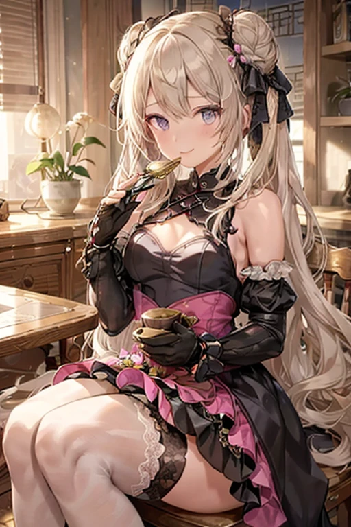 (masterpiece), (best quality), detailed, a otaku girl, soro, twintails, long wavy hair twintails.hairs between eyes,dark blue eyes ,smile, masterpiece, best quality, newest,(perky chest:1.2), (pointed chest:1.2),(from below:1.2,Best Quality),a girl , platinum color hair、Keqing (Genshin Impact), 1 girl, solo, eyes, purple eyes,hair, purple hair, bun, double bun, twintails, bun, long hair, bangs, hair ornament, flower hair ornament, purple flower, white flower, violet flower, dress, Chinese dress, Chinese clothes, dark purple dress, floral print, breasts, small breast, gloves, black gloves, elbow gloves, sleeveless, bare shoulders, feather boa, white feather boa, thighhighs, black thighhighs scenery, plant, architecture, lantern, east_asian_architecture, table, potted plant, teapot, flower pot, paper_lantern, vase, tree, cup, holding, holding fan, fan, moongate, sky, sitting, sitting on,chair, day, teacup(masterpiece:1.2), (best quality:1.2), (very aesthetic:1.2), (absurdres:1.2), (detailed background:1.1), newest, ai-generated, safe, (with sparkling eyes and a contagious smile),her thin pubic hair:1.2, looking at viewer