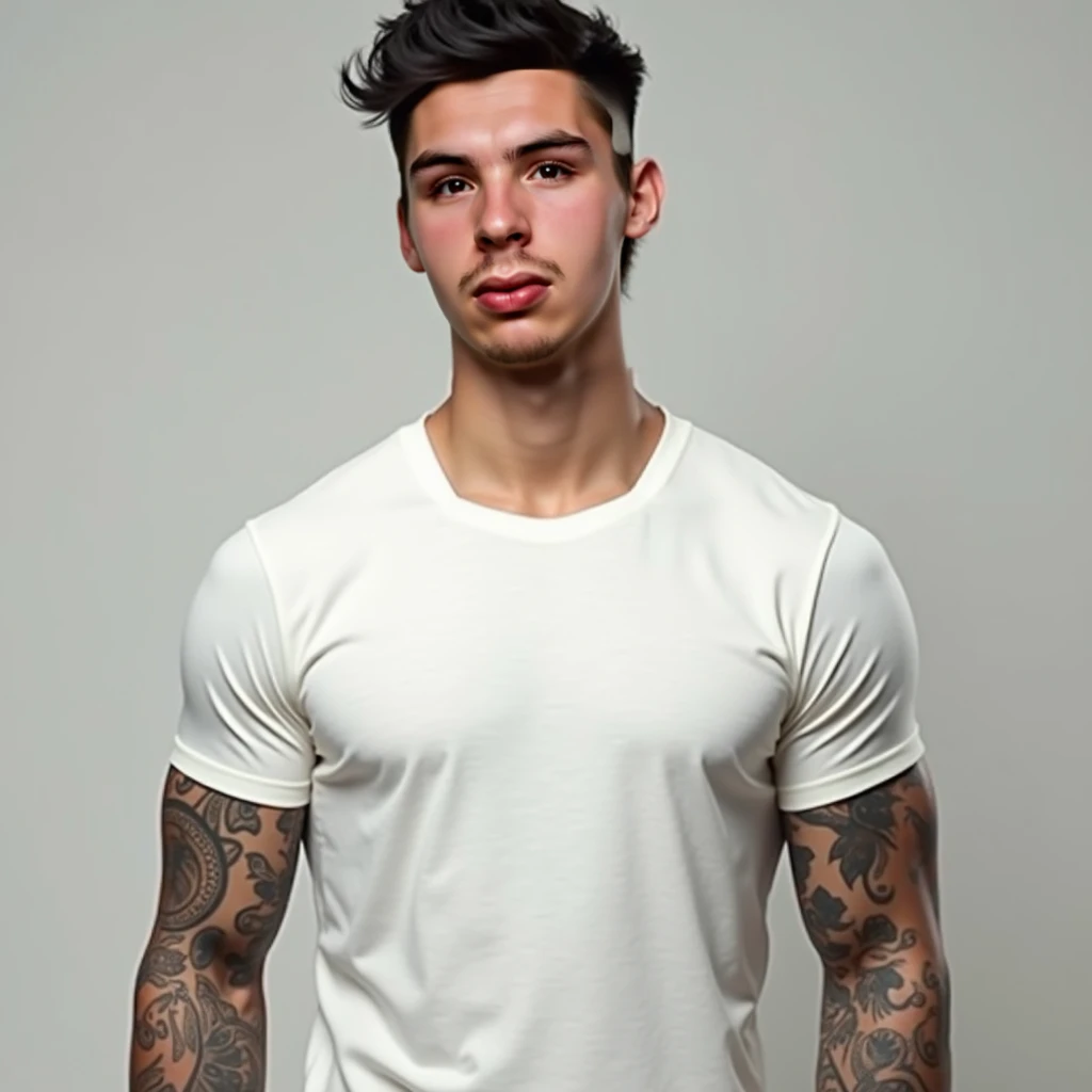 Tall and handsome young man, slim with short curly hair with killer look, sexy lips, with a piano tattoo on his right arm, with jeans and a t-shirt