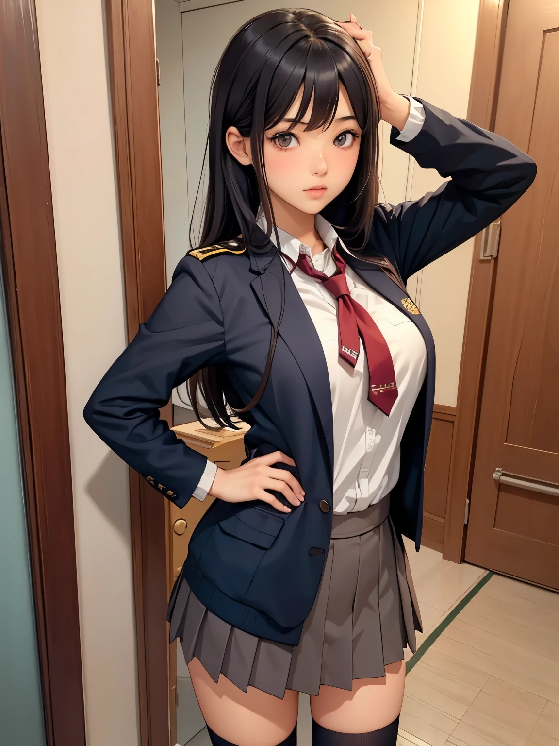 high school girl、Wear a uniform、Panty exposure、 full body shot