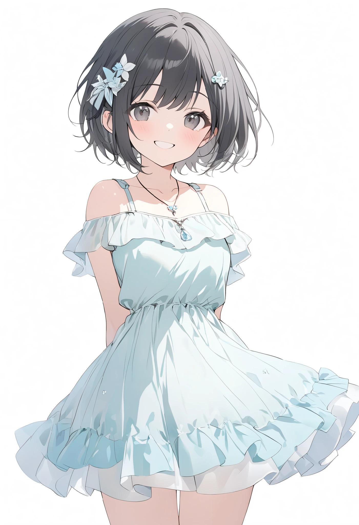 {{masterpiece、 Attention to Details , perfect eyes}}、((White background,from front,  cowboy shot ))、18 years old、 One Girl 、 black hair、pixie cut、 black eyes、(Light blue chiffon dress、small simple hair ornament、pendant)happy, smile、arms behind back