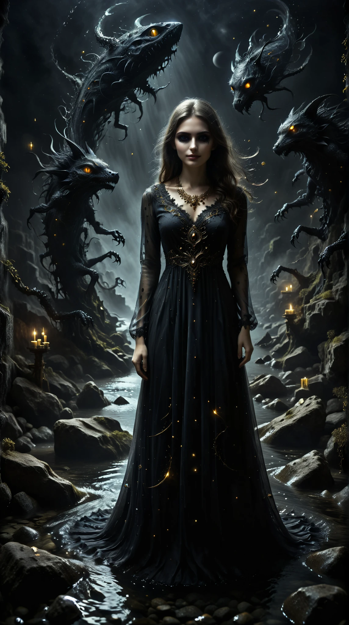  A Girl Wearing a Dark Mysterious Stone Dress， Golden Ghost Eye ， Extreme Dark Eye ，Deep ， Dark Style Appearance ， Height Detail ， Super Fine，32K，hands，Inspire，Evil Smile，Dark Night River ， black magic