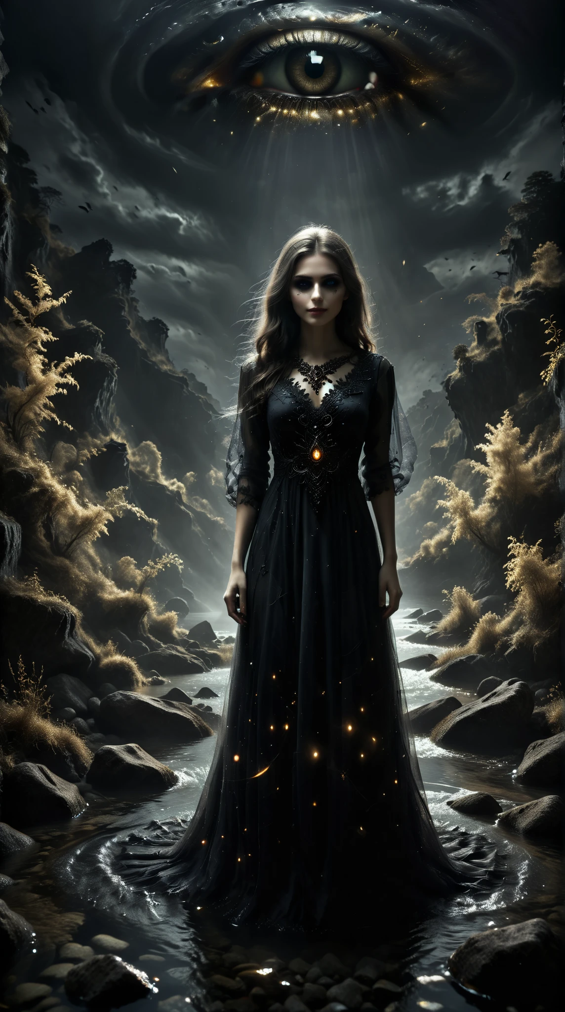  A Girl Wearing a Dark Mysterious Stone Dress， Golden Ghost Eye ， Extreme Dark Eye ，Deep ， Dark Style Appearance ， Height Detail ， Super Fine，32K，hands，Inspire，Evil Smile，Dark Night River ， black magic