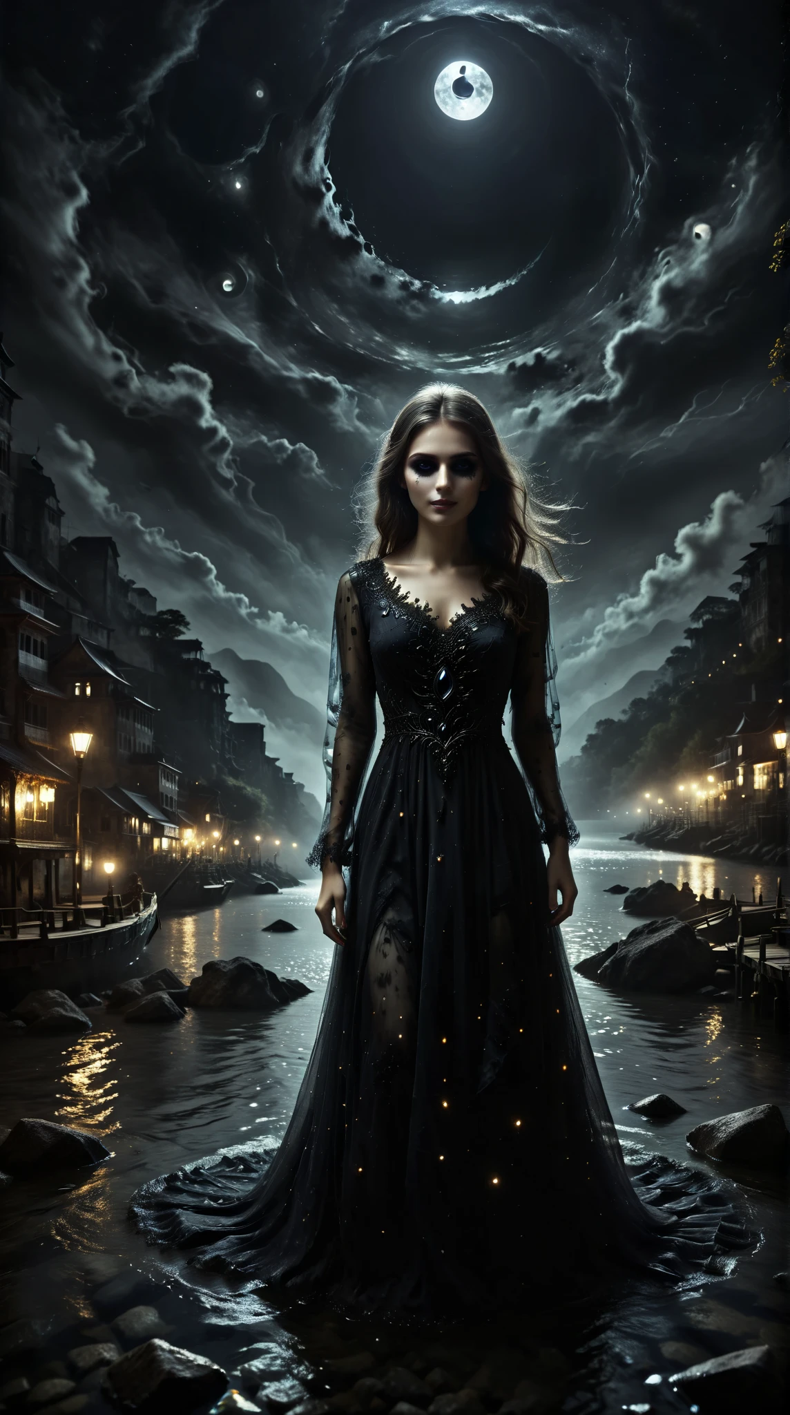  A Girl Wearing a Dark Mysterious Stone Dress， Golden Ghost Eye ， Extreme Dark Eye ，Deep ， Dark Style Appearance ， Height Detail ， Super Fine，32K，hands，Inspire，Evil Smile，Dark Night River ， black magic