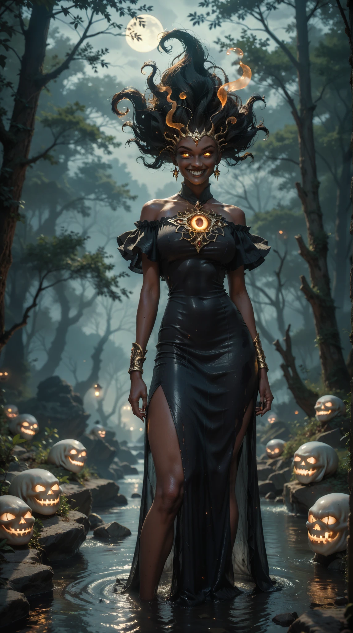  A Girl Wearing a Dark Mysterious Stone Dress， Golden Ghost Eye ， Extreme Dark Eye ，Deep ， Dark Style Appearance ， Height Detail ， Super Fine，32K，hands，Inspire，Evil Smile，Dark Night River ， black magic