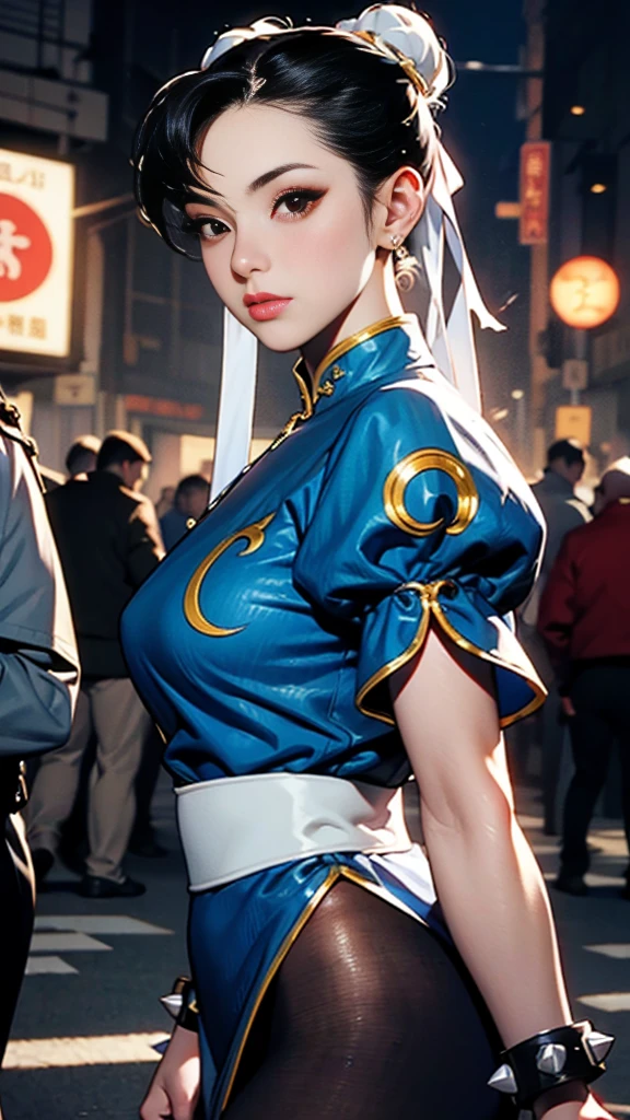 Front view, panorama, wide shot:1.1,  (shoot from side), upper body, perfect anatomy, anatomically correct, perfect depiction, accurate, correct ), (Chun-li, perfect description, perfect Chun-li ,character portrait ), solo bewitching female, ((fighting posture:1.1, fighting_stance:1.1)),(standing:1.1), faint smile, detailed perfect beauty face, sharp narrow eyes, long eyelashes, eyeliner, red eyeshadow, beautiful lips, makeup, detailed beautiful skin, glossy skin, black hair, bangs, athletic figure, medium breasts, abs, wearing chunli costume, (Hong Kong street , midnight, night sky, glowing signboards, police cars, ultra detailed depictions background),(cinematic lighting, ray tracing, volumetric light, best shadows ),(sharp focus, depth of field ), (masterpiece, best quality, high resolution:1.1, incredibly absurdres ), realistic, raw photo, intricate accurate artwork, detailed description, ultra high res, high resolution, detailed, raw photo, high quality, highres,ultra realistic 8k cg, perfect picture, flawless, clean, masterpiece, professional artwork, famous artwork, cinematic bloom, extremely detailed CG unity 8k wallpaper,ultra-detailed,best illustration,best shadow,ultra-high res,Best quality,(masterpiece, best quality, high quality, highres, ultra-detailed),correct fingers,perfect hands, blue dress, boots, bracelet, brown pantyhose, china dress, chinese clothes, cross-laced footwear, dress, gold trim, jewelry, pantyhose, pelvic curtain, puffy sleeves, sash, short sleeves, side slit, spiked bracelet, spikes, white footwear