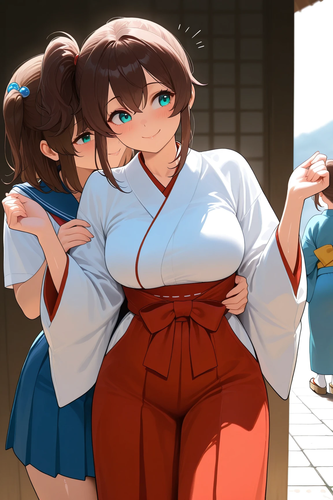 masterpiece,super fine illustration,super detailed illustration,2girls,aqua eyes,dark brown hair,medium hair,Side ponytail,medium breasts,kimono,miko,kimono_skirt,smile,embarrass,standing,w_arms,hugged from behind,shiny_skin,glossy skin,