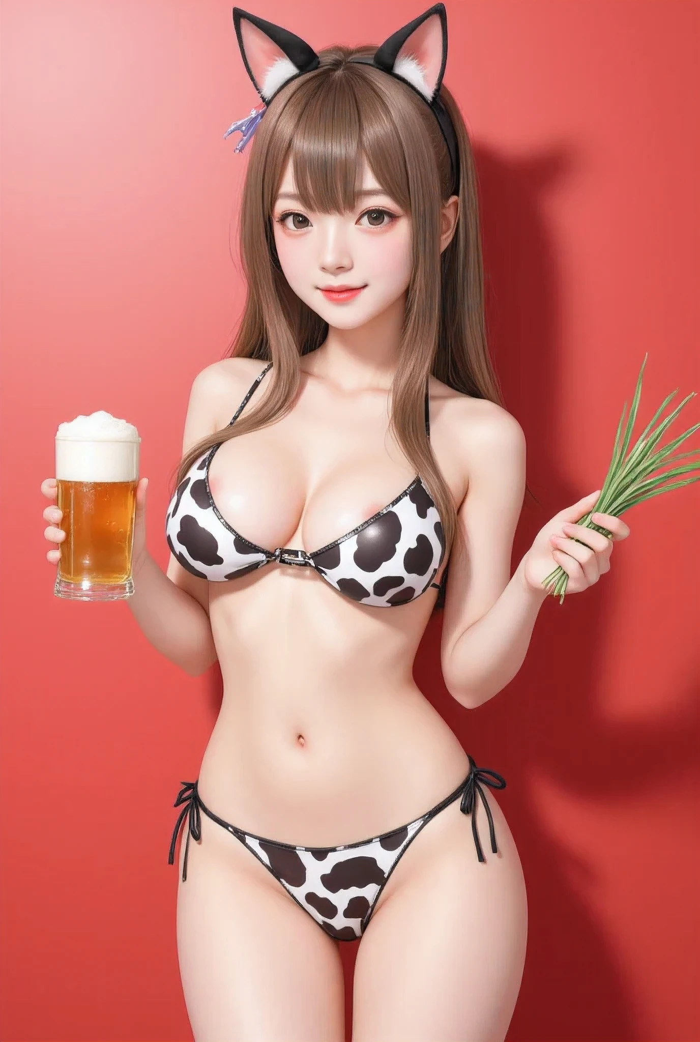 (masterpiece:1.2),RAW, Photorealistic,
(girlie style), enjoying the sweet and sexy Newyear's Day atmosphere, 1girl,(cow pattern  bikini:1.4),(Cat ears:1.3), (The background uses red and pink tones typical of Newyear's Day:1.5), The model faces the camera with a confident smile, She holds beer grass and Newyear's Day decorations in her hands, Add realistic texture and shine to bikini details, Plump breast, (Japanese idle:1.6),Light brown long hair, Light brown eyes, Looking at the viewer, 