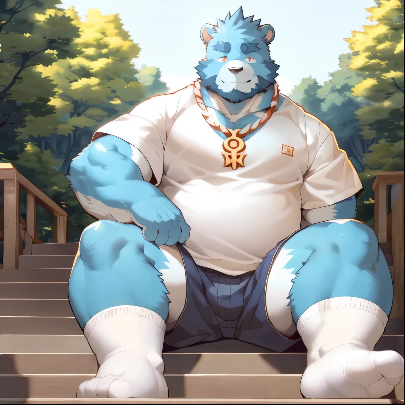 (by null-ghost,by raccoon21:0.5),(by zixiong:1.1),(by takemoto arashi),(kemono:1.2),furry,shiquanjie,blue bear,male focus,furry male,blue fur,(detailed eye:1.2),(beard:1.1),(necklace:1.2),(smile:1.1),solo,sitting,,belly,white t-shirt,shorts,(fallen leaves:1.1),(front view:1.1),(sit on the steps:1.2),(white socks:1.1),