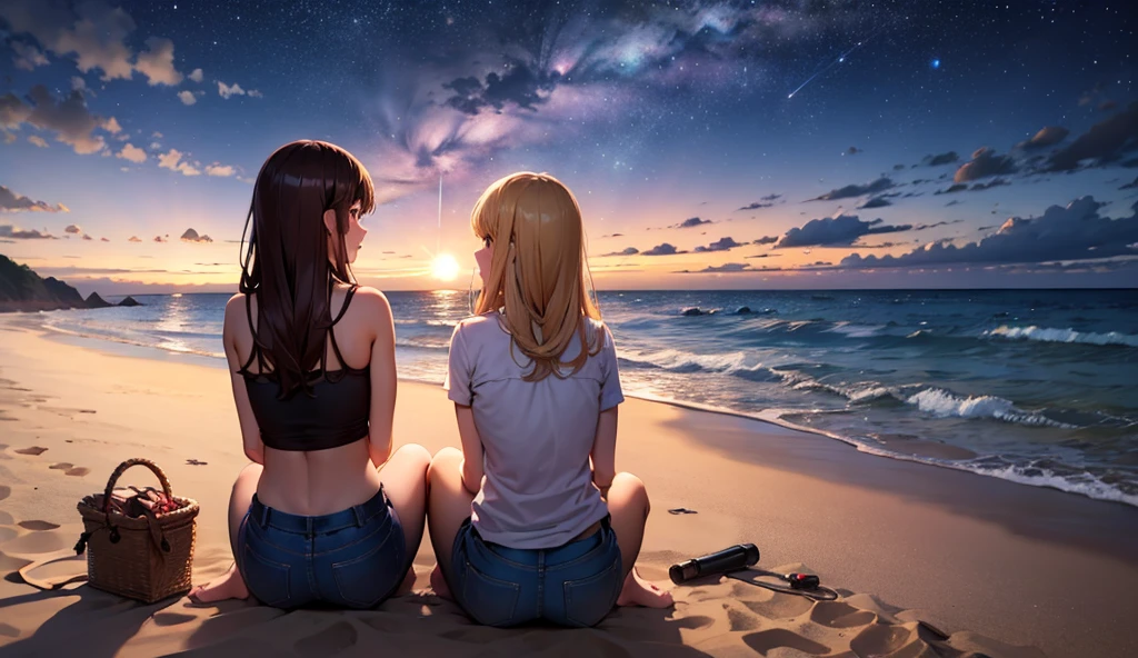 A night at the beach side with a bonfire, a 4WD shiny white AUV parked beside a two women 1 long brown hair and 1 blond hair they are sitting on the sand looking at the sea, a warm cozy night with lots of stars in the sky and beautifull fullmoon, back view, wide angle shot,cinematic,dozen of stars that shine in the sky,