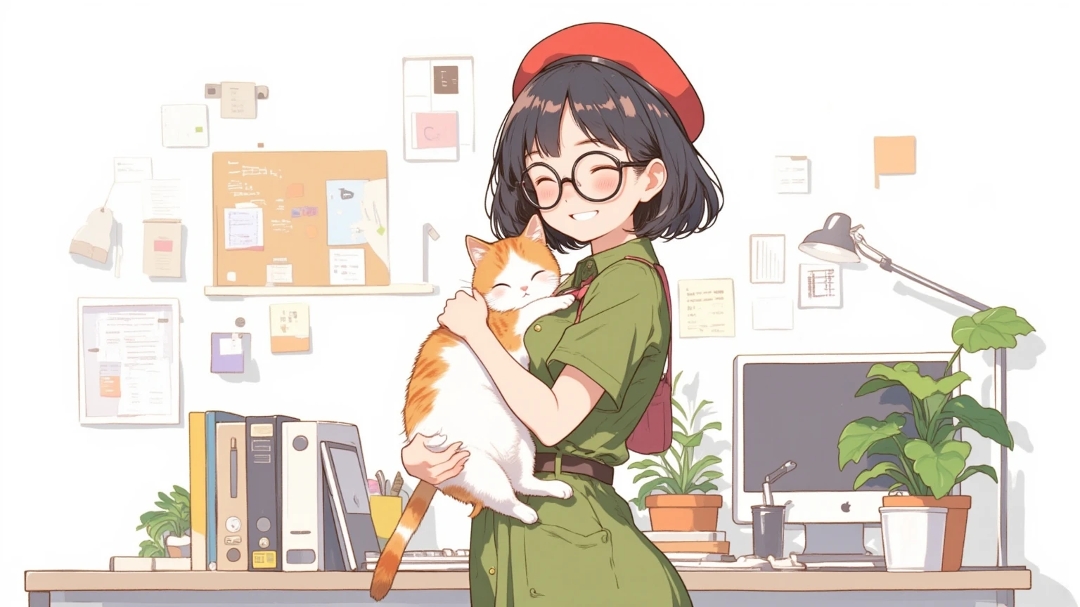 (masterpiece, high quality, high resolution, 8K, 16K, detail), cute Japanese girl (one solo, lo-fi girl, high school student, black hair, short hair, red beret, green shirt dress, black rimmed glasses, anatomically correct body, fingers, hands), holding (one) cute cat, smiling at us in the background, desk and computer in the background, houseplants, white simple wall, minimalist illustration in the background, wallpaper