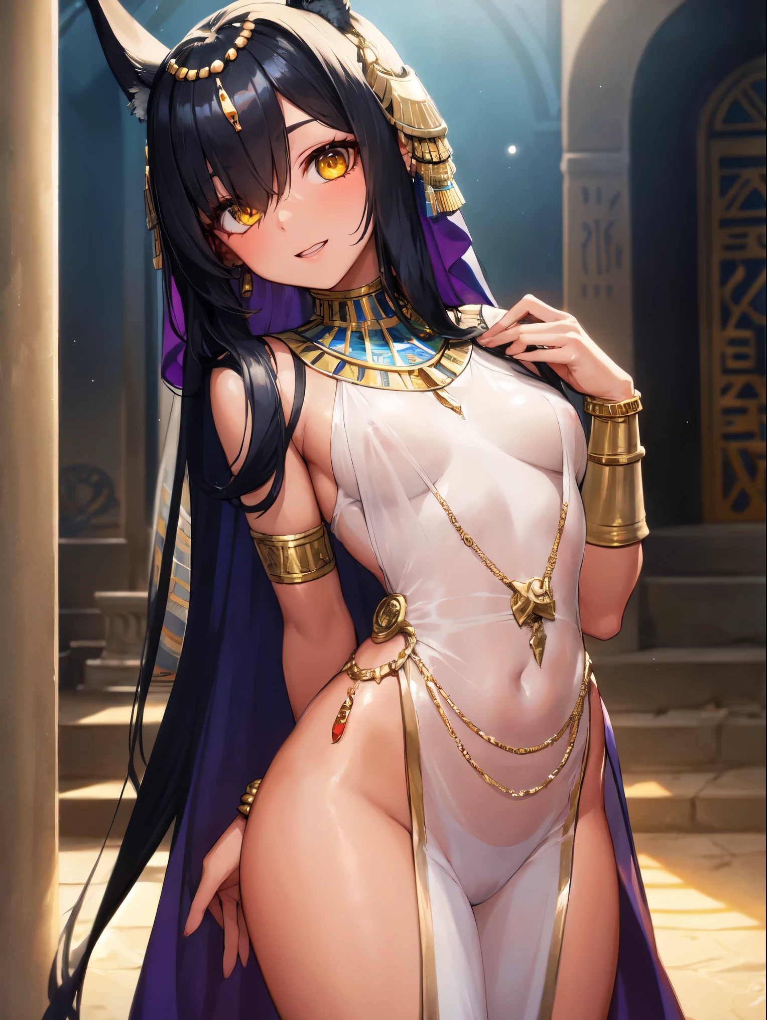 (SLE, mksks style, detailed background:1.1), (solo:1.3), girl, dark skin, ornate egyptian dress, long hair, black hair, beautiful hair, hair over eye, yellow_eyes, happy, portait, head tilt, volumetric lighting, (outdoor:1.3), egyptian house, colorful, flat chest, female anubis, egyptian clothes, egyptian mythology, see-through (white silk), teen, lewd outfit, young, (young girl), child, (very young girl), small girl,