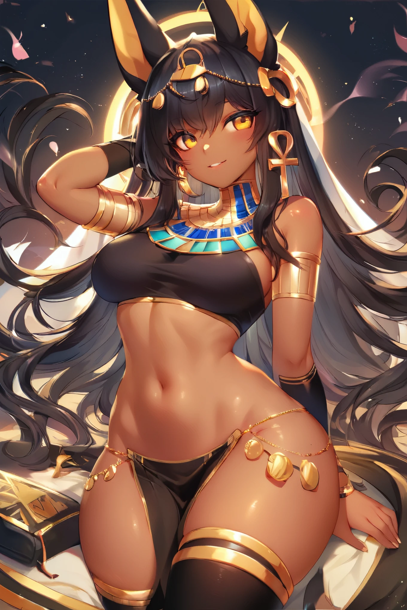 score_9, score_8_up, score_8, medium breasts, cute, eyelashes, AnubisCitronOC, dark skin, black hair, yellow eyes, pelvic curtain, crop top, thighhighs, smile, looking at viewer,