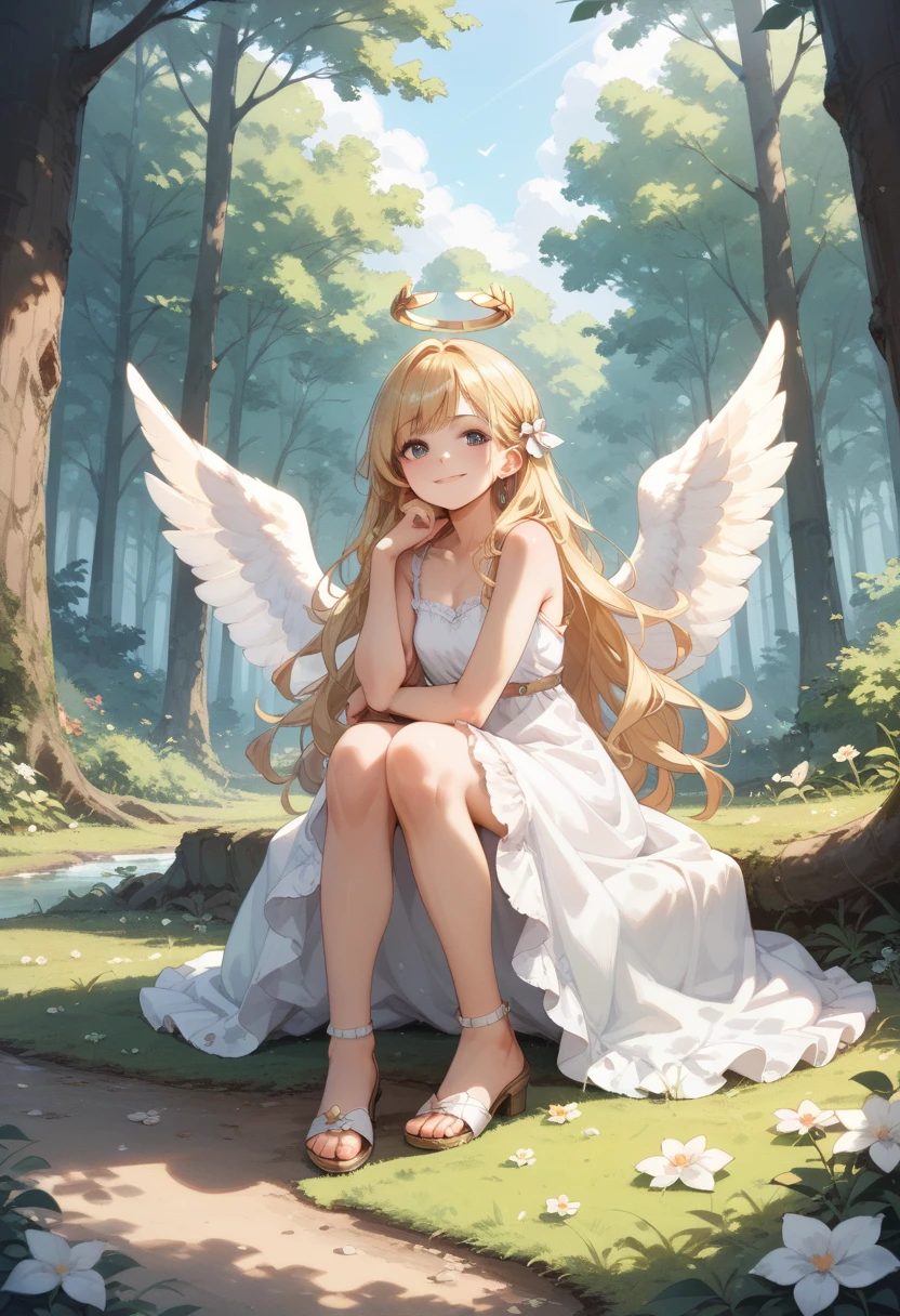 1girl, solo, blonde_hair, wavy_hair, angel, angel_wings, halo, smile, sitting, forest, white_dress
