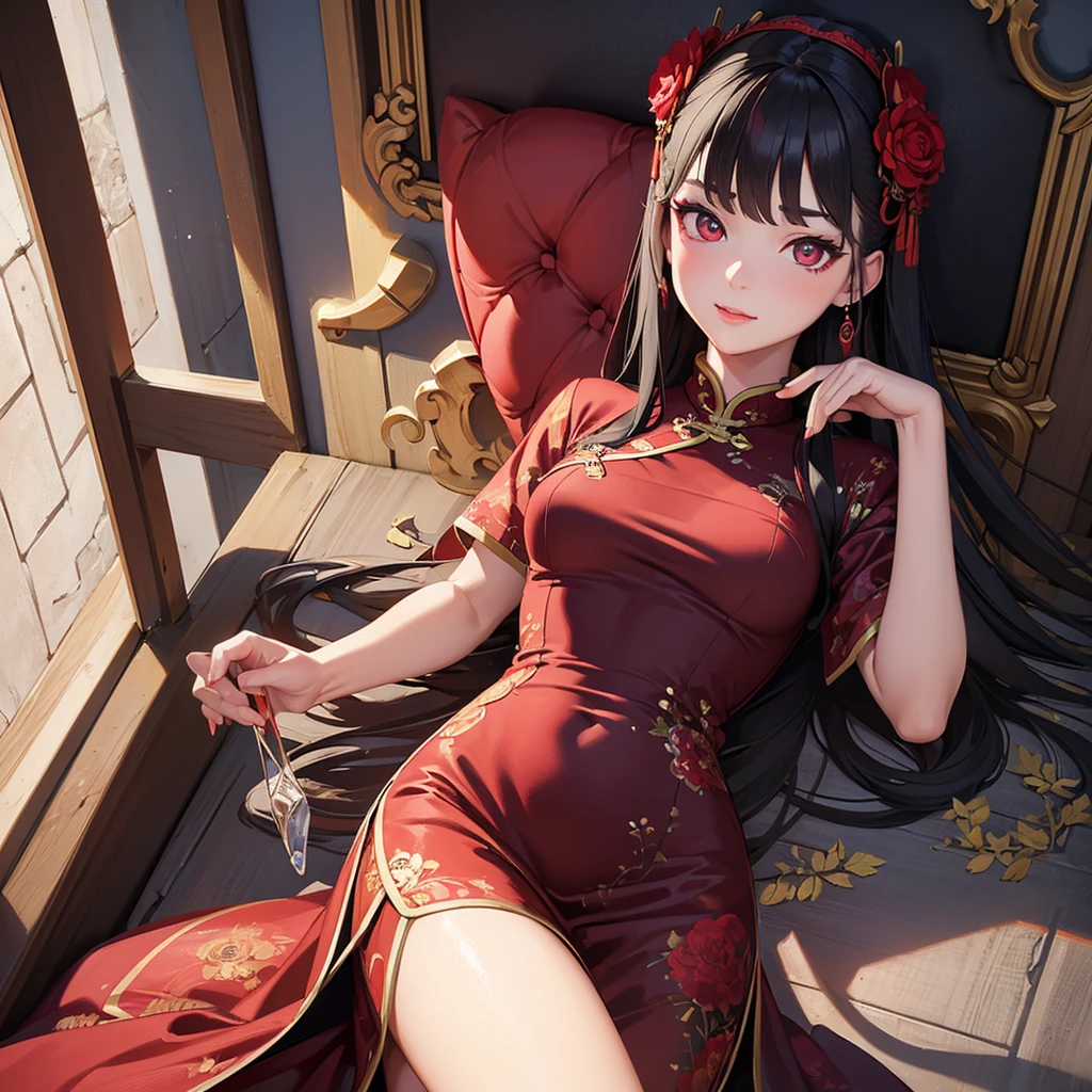 A girl wearing a red cheongsam lies in the coffin,cemetery,bra,the night,waxy candles