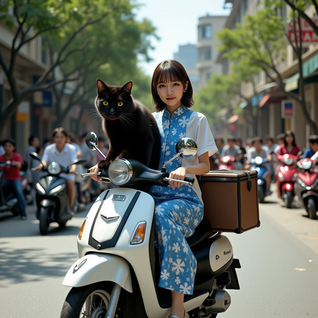 ultra-realistic, photorealistic, dramatic scene, shadow, global-illumination, solo, 1 girl\( 20 years old Japanese beautiful girl, beautiful with cute face, wearing snow patterned blue ao dai, shoulder-length brown hair, accessories, Vietnamese Non La hat\), 1 human-like giant black cat\( human-like giant black cat, white shirt with short sleeves, slight taller than the girl, holding a large suits case, little chubby, sitting on the rear seat of the scooter\), the girl is riding a Honda scooter with human-like giant black at the downtown street in Ho Chi Minh city in 2000, Cluttered streets, people walking on the sidewalks, rows of miscellaneous buildings, trees, Crowded with many motorcycles and scooters