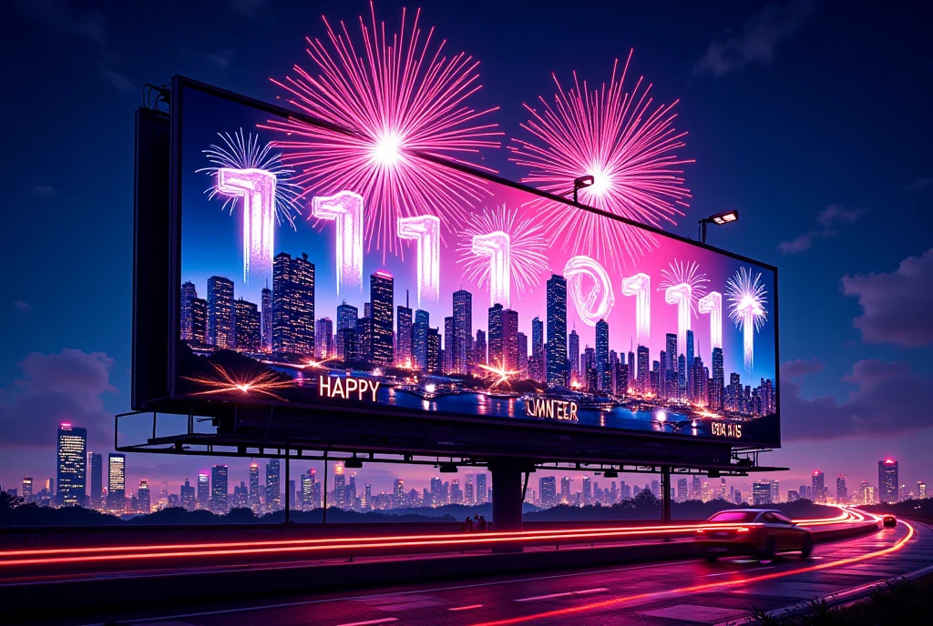 a Happy New Year advertising billboard on the road, detailed cityscape, skyscraper, traffic, night lights, fireworks in the sky,  atmosphere, elegant style, vibrant colors, cinematic lighting, photorealistic, 8k, best quality, masterpiece .