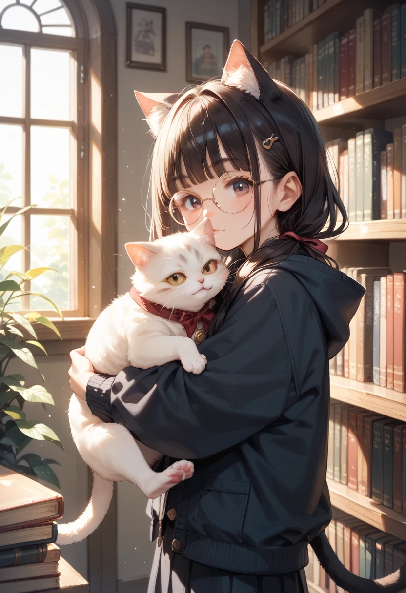 1girl, solo, long_hair, black_hair, blunt_bangs, straight_hair, round_eyewear, cat_girl, cat_ears, cat_tail, standing, hug cat, looking_at_viewer, library
