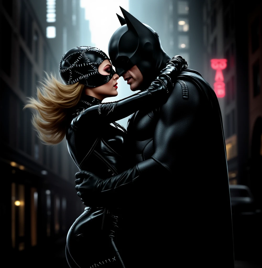 Jennifer Lopez as a sexy Catwoman embracing Ben Affleck as Batman, ((detailed face, not wearing mask, photorealistic)), (1 male and 1 female), 35mm, ultra detailed, 8k, moonlight background gotham city. Catwoman and Batman find themselves alone on a rooftop, their hearts longing to connect. Under the moonlit sky, they share a passionate kiss, knowing their love is stronger than their superhero duties. Batman logo on the moon.