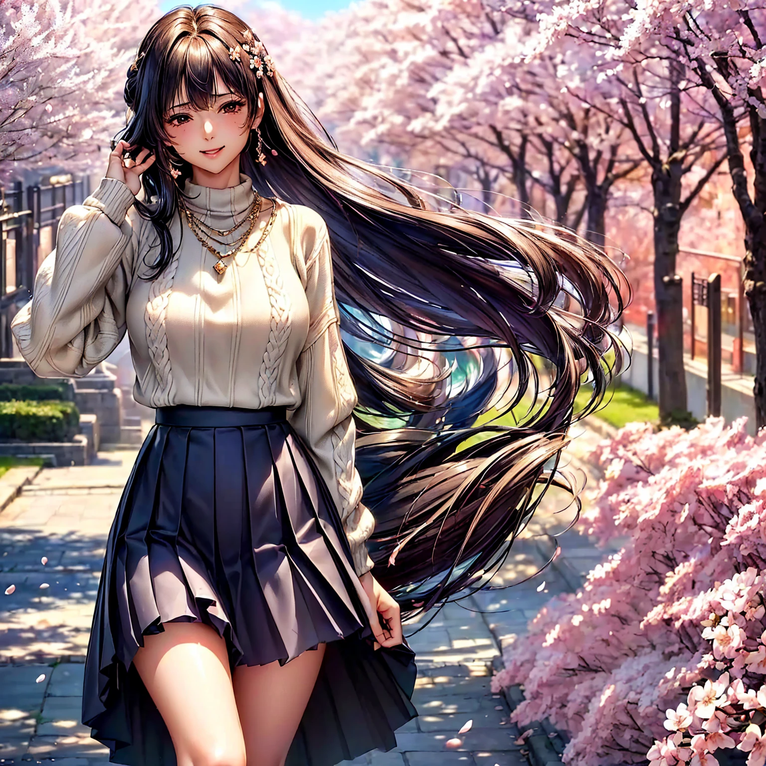 (highest quality、masterpiece、very high resolution、ultra high resolution.High-quality detail)、(A woman with perfect and ultimate beauty:18-year-old,bright smile,beautiful body、beautiful face)、(There are many variations of hairstyles,The bangs are neatly arranged,Long straight side hair,beautiful hair quality),(Beautiful breasts with a slender body shape:F cup,beautiful hair texture,Beautiful skin texture,Lifelike textures,Beautiful colors),(Wear a sweater,diamond necklace,Wearing a plaid pleated skirt,shoulders are exposed,I can see the cleavage:1.2),(A path lined with flourishing cherry blossom trees,Cherry blossoms fall,beautiful scenery),(the wind is blowing,The wind blows and my skirt flaps,The wind blows and the hair flutters,sight,mouth opens 1.2)(whole body,I can see my thighs,accurate anatomy、highly detailed images、accurate image、Perfect Image 1.5)、beautiful anime woman, beautiful art style, anime character、(Overall image、Image without defects、natural soft light、beautiful images),(best shot,RAW photo 1.2)