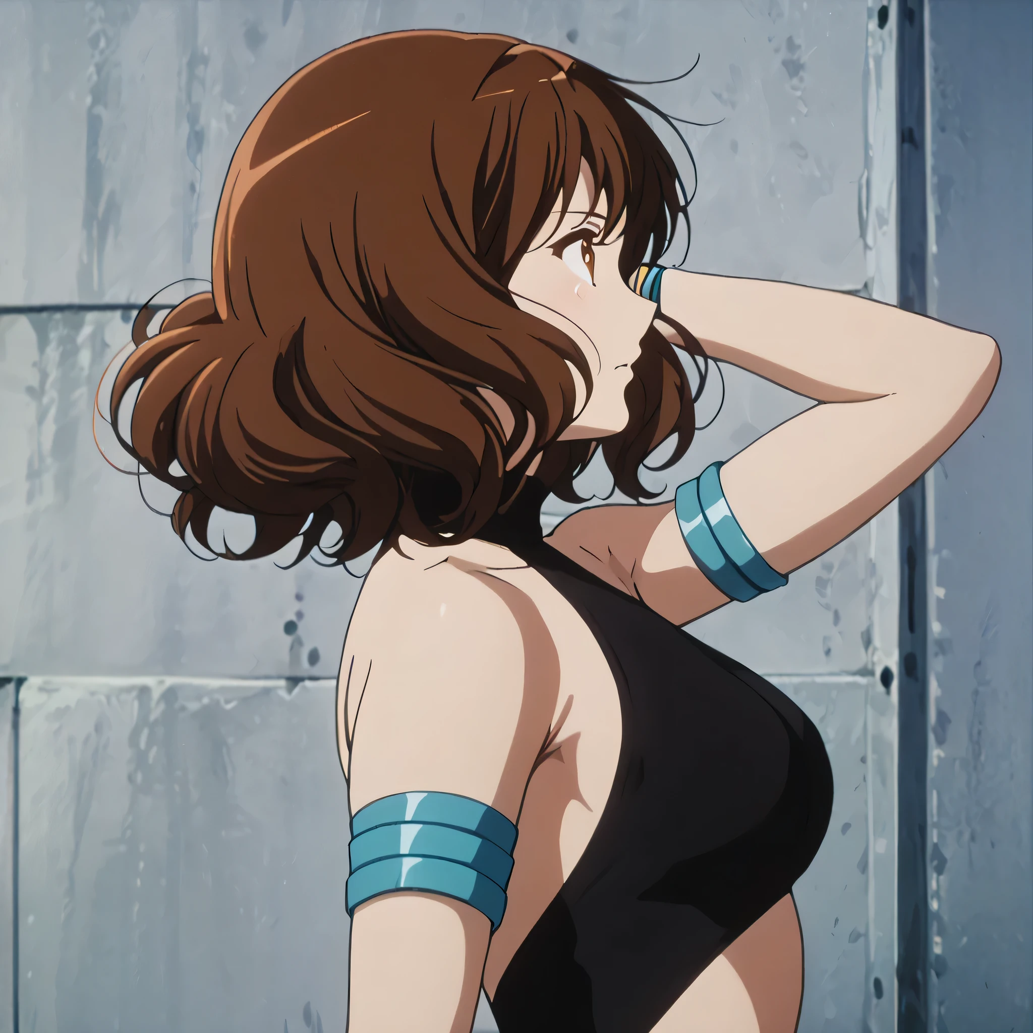 (((Masterpiece))), (((Best Quality))), ((Super Detail)), ultra-High resolution, score_9,score_8_up,score_7_up,score_6_up,score_5_up,score_4_up, BREAK, source_anime, anime screencap, uncensored, rating_explicit, Masterpiece, curvy, dark persona, empty eyes, expressionless, blank eyes, looking at viewer, full body, emotionless, Fighting Stance, shmnmzg3r, horizontal pupils, black leotard, clothing cutout, high heel boots, knee boots, circlet, armlet, bracelet, belt, halterneck, (((solo, 1girl))), hair ornament, medium breast, brown hair, kumiko oumae, brown eyes, brown hair, short hair, wavy hair, (((looking from side,view from side, from side, armpits, hand behind head)))