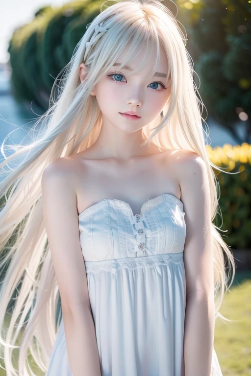 (A Beautiful Young Girl Sitting on a Bench in an Old Castle), A radiant smile graces her face, Revealing her young and shiny, white, glossy skin, Best look achieved under refined, reflective light, (Shiny, bright golden-white hair cascades down, framing her beautiful face), Glittering bangs bounce off her shoulders, Magnificent crystalline clear eyes, large and captivating, A very beautiful and lovely 16-year-old girl with tightly set, beautiful and detailed eyes, A divinely beautiful and delicate nose, Whole body presented at 1.5, Highlighting her captivating eyes with emphasis in her make