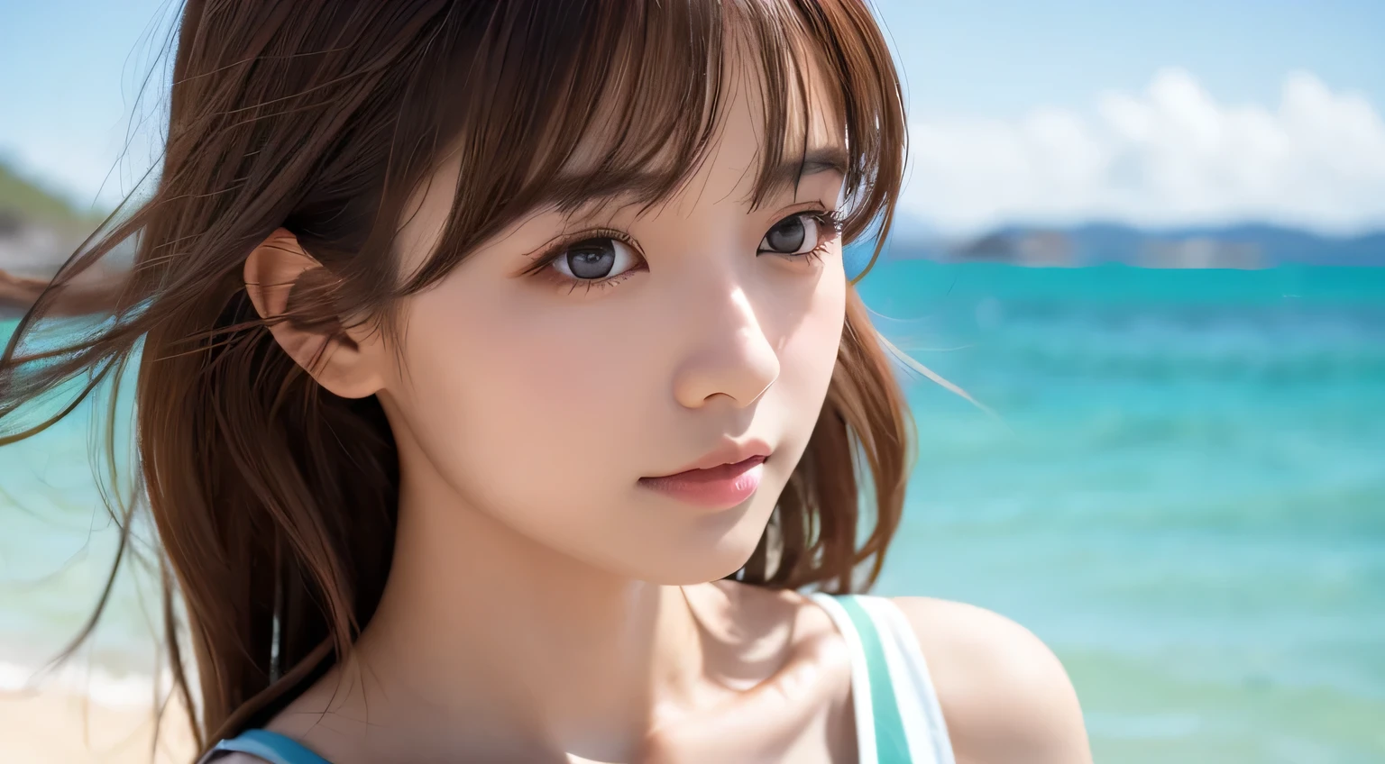masutepiece, Best Quality, Illustration, Ultra-detailed, finely detail, hight resolution, 8K Wallpaper, Perfect dynamic composition, Beautiful detailed eyes, Swimsuit, Natural Color Lip,Beach, Random and cute poses, Night