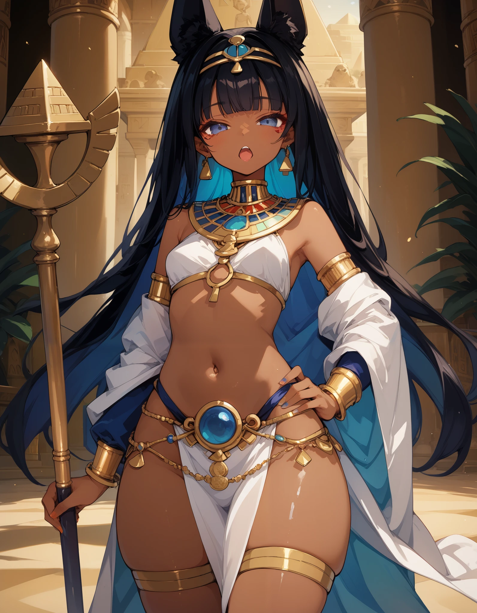 Best quality, masterpiece, Manga, nhentai manga, Vepto-sama! Hito o Ijimecha Ikemasen! | Wept-sama! You Mustn't Torment The Humans! ~Evil Deity Queen Gets Her Just Deserts~, 1girl, solo, Wept-sama, dark skin, dark skinned girl, lolibaba, flat chest, tiny breasts, dark blue eyshadow, teal colored eyes, black eye marks, gold metal cat hair accessories, black hair, twintail hairstyle, gold bar earrings, white dress, pelvic curtain, white sash top, gold necklace, looking at viewer, egyptian clothes, 1girl, solo, jewelry, looking at viewer, dark skin, navel, bracelet, bare shoulders, full body portrait