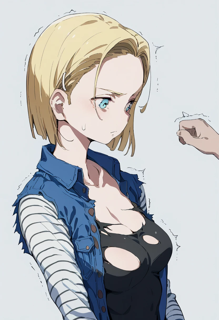 Android18全裸，， Her breasts are so soft, dynamic, and shaking violently， simple background，Android18，score_9, score_8_ up, score_7_ up，，女の子の全身クローズ up，suguha,Clothes are torn