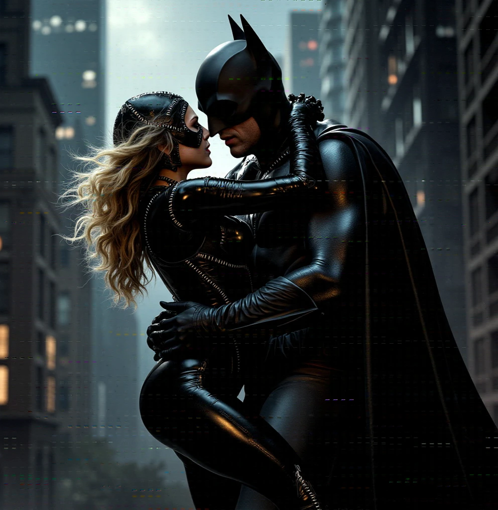 Batman kissing Emma Frost on a rooftop
