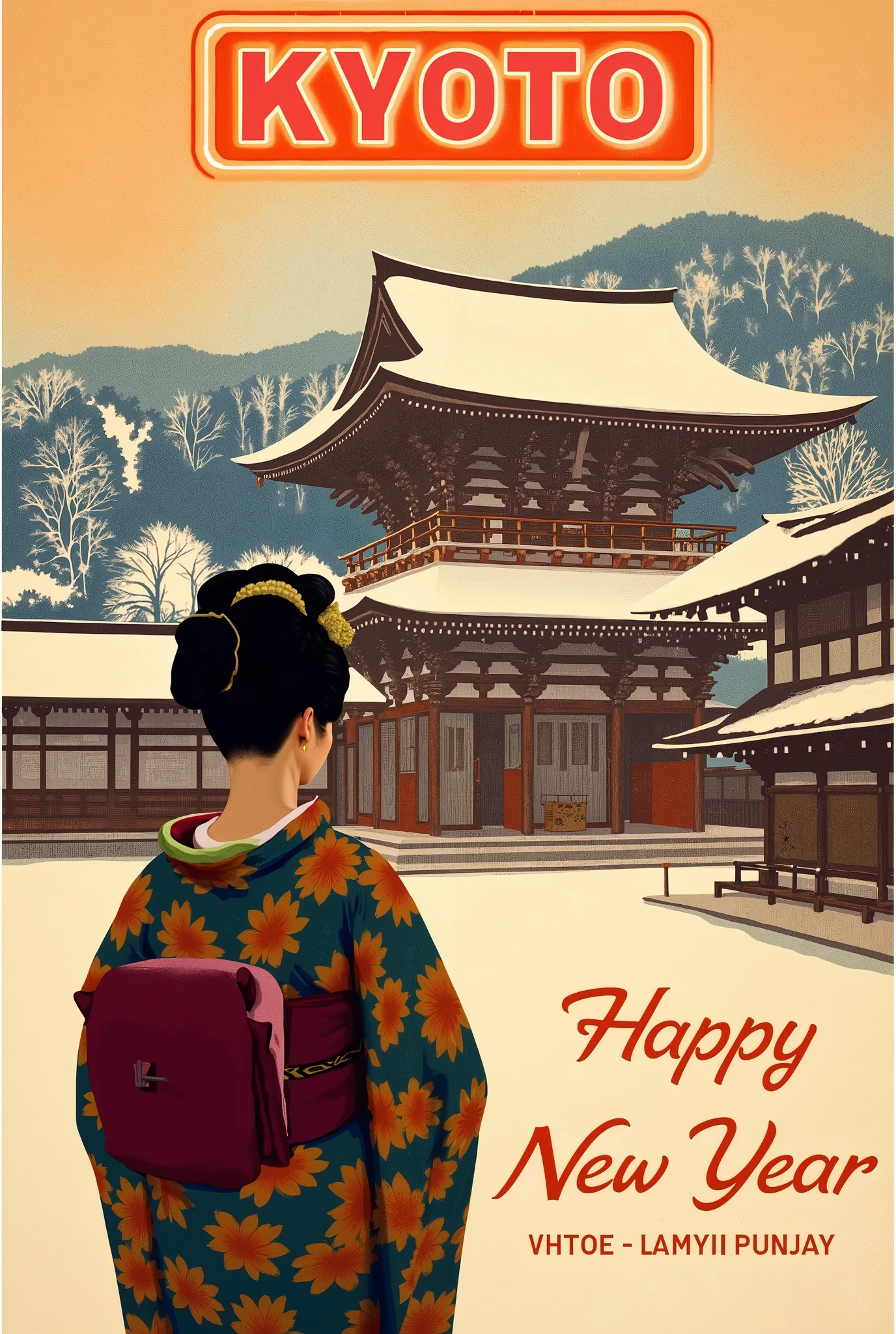 (new year poster:1.3), (vintage style travel poster:1.5), Snow-covered Kyoto, Kiyomizu-dera Temple, silhouette of a maiko from behind, , ("Happy New Year" neon sign:1.5), 