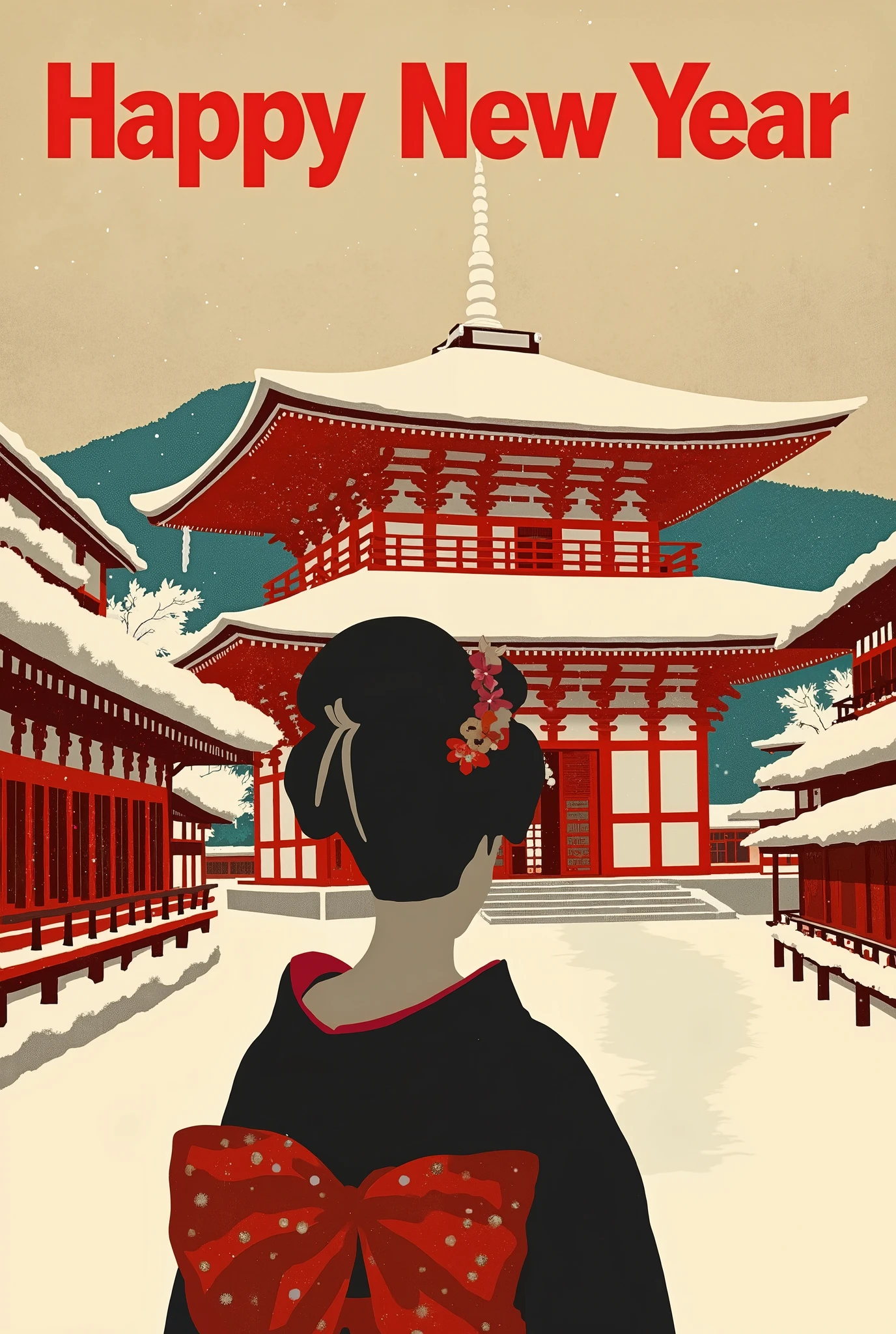 (new year poster:1.3), (vintage style travel poster:1.5), Snow-covered Kyoto, Kiyomizu-dera Temple, silhouette of a maiko from behind, , ("Happy New Year" neon sign:1.5), 